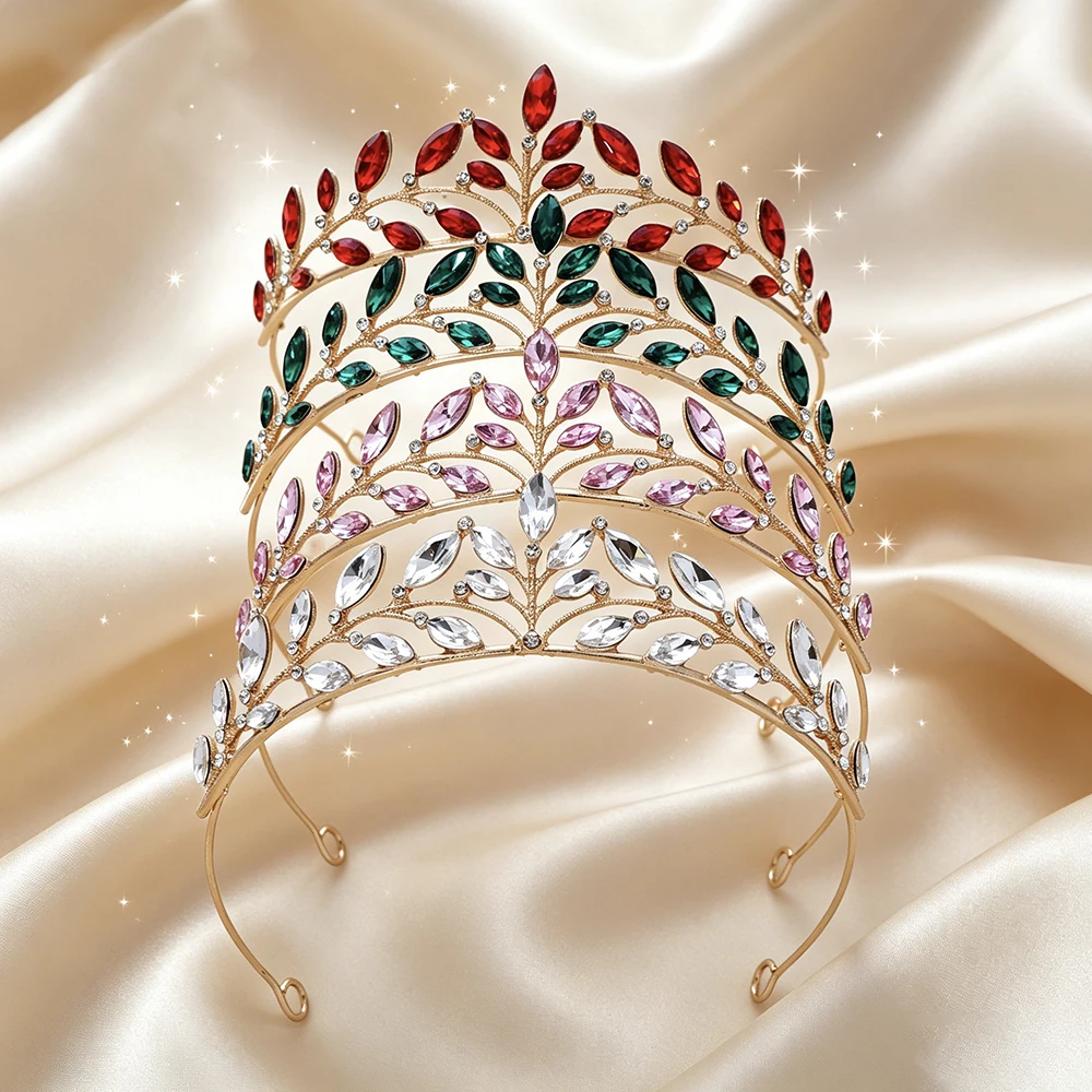 Multi-Color Leaf Bridal Tiara Sparkling Rhinestone Crown Elegant Boho Headpiece Wedding Pageant Birthday Party Bridesmaid