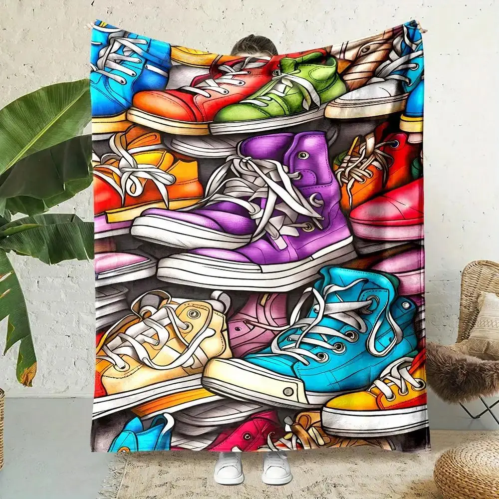 Vibrant Sneakers Pattern Throw Blanket Pop Art Kicks Sofa Bedding Cover Cozy Home Decor Gift for Sneaker Lovers Trendy Gift Idea