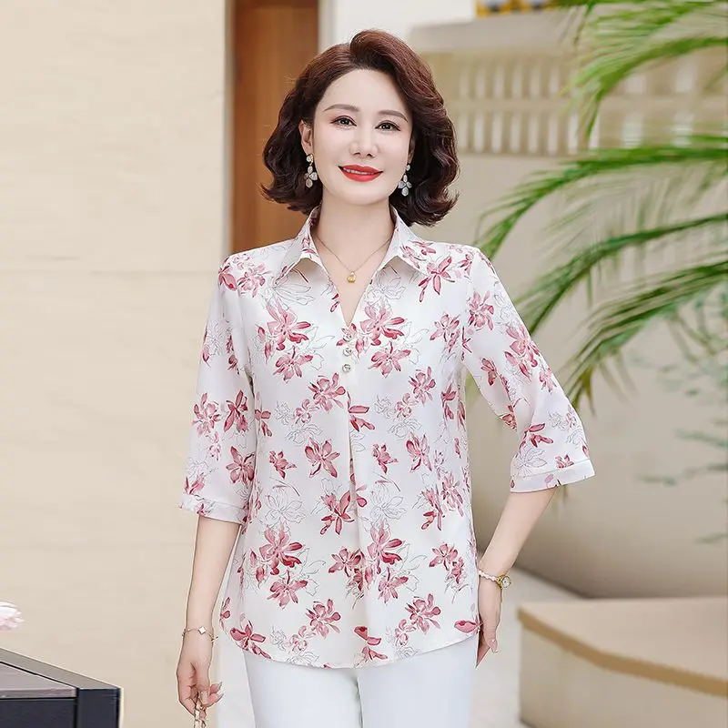 

Women's New Style Spliced lapel Buttons Fashionable Printed Shirt with a Quarter-sleeved Top