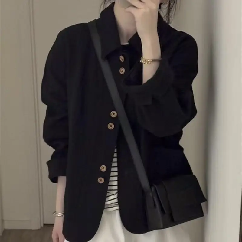 Retro Korean Style Short Jacket Black Collar Flip Casual Top Women's Spring Autumn Wear Polyester Fiber 100% Standard Fit