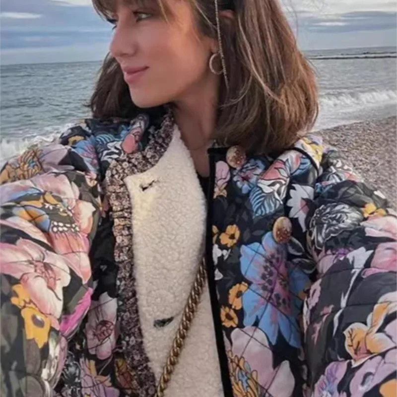 Vintage Floral Flower Printed Coat Women Fleece Thick Warm Long Sleeve Quilted Jacket 2025 Autumn Winter Female Fashion Clothing