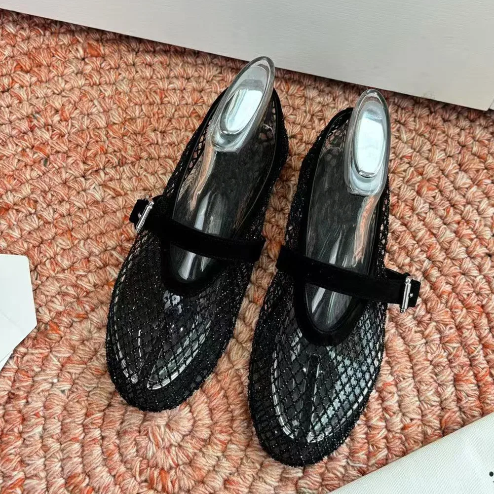 

Real leather flat bottomed rhinestone Mary Jane single shoes for women's spring and autumn 2026 new mesh breathable sandals