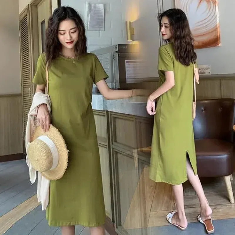 2024 Summer Medium-length Loose-fit Slimming Short Sleeve Dress in Avocado Green