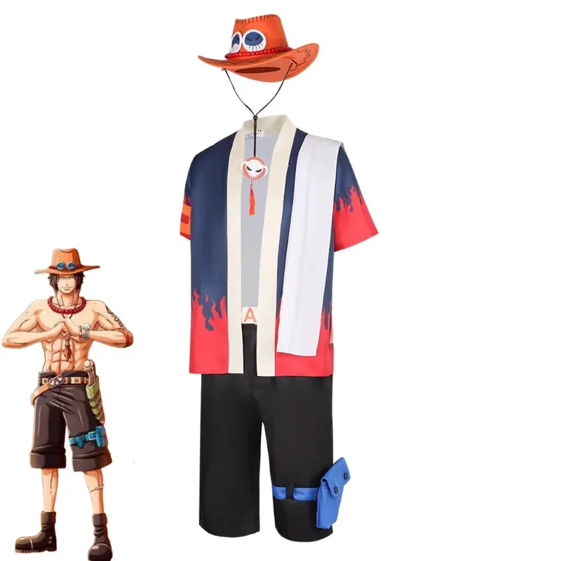 Аниме Portgas D Ace Косплей Костюм Огненный кулак Ace Fantasia Халат Рубашка с короткими рукавами Униформа Шорты Шляпа Мужской Карнавальный комплект на Хэллоуин