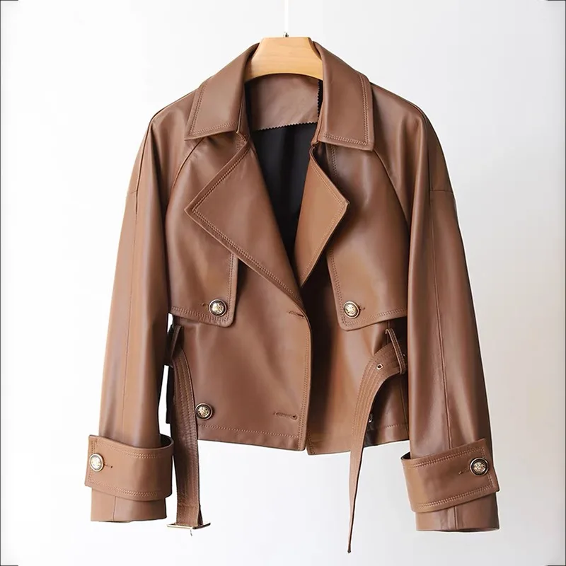 Giacca in pelle da donna Primavera Cintura doppiopetto Chiusura in vita Slim Ceket Kadın Trench corto allentato importato in pelle di pecora