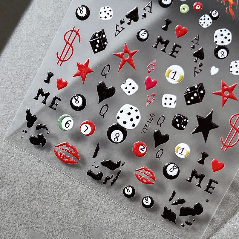 3D Embossed Cherry Nail Art Stickers Self Adhesive Pool & Dice Design Nail Art Decals Manicure DIY Accessories