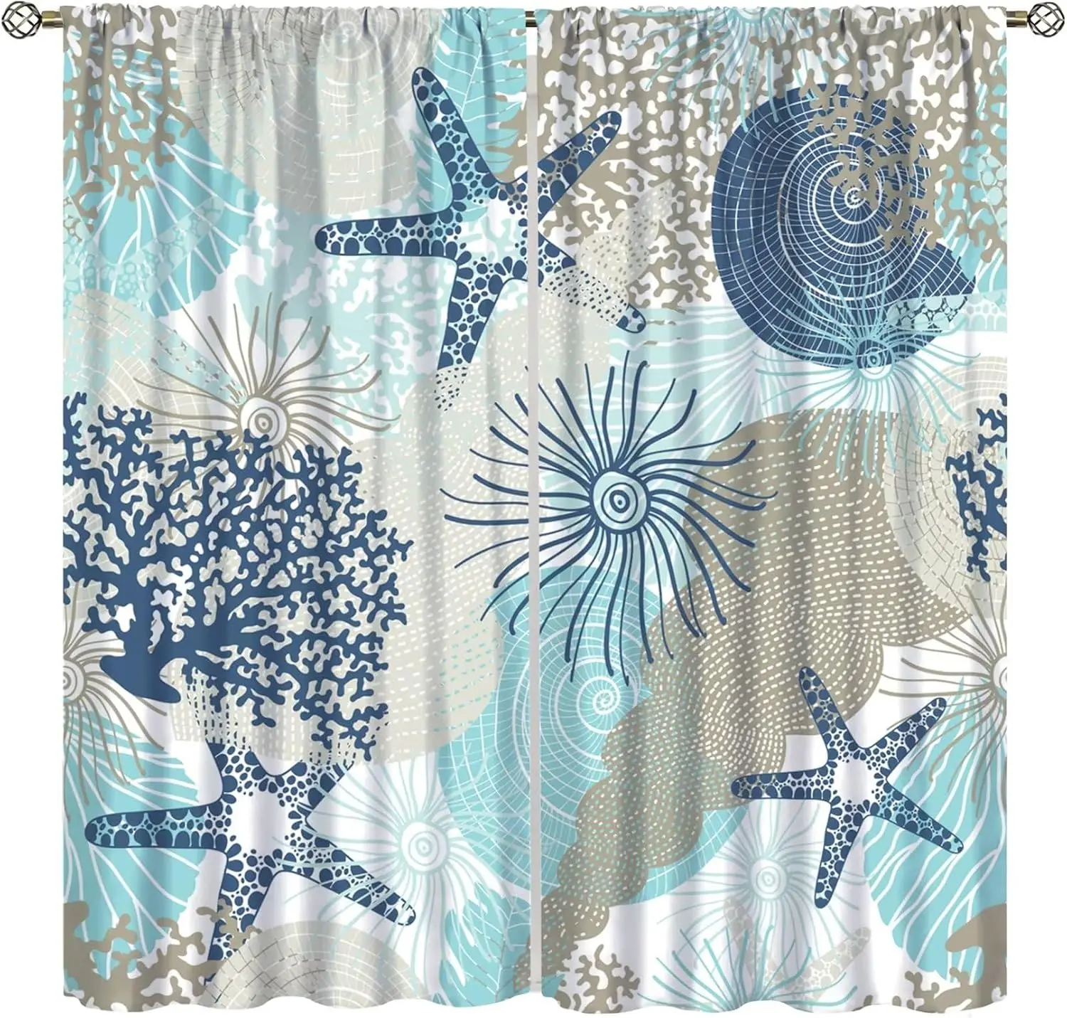 Coastal Line Art Curtain Navy Starfish Coral Conch Light Cyan Khaki Sea Print Fresh Nautical Bath Living Room Home Window Decor