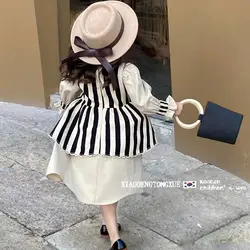 2023 abiti Casual per ragazze abbigliamento per bambini coreano Stripe autunno Retro Baby collare floreale in stile principessa alla moda