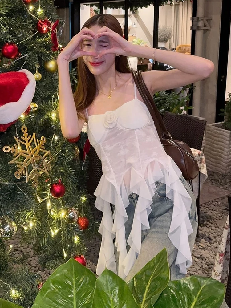 

InGrily Sweet Ruffled Tassels Suspender Top Women 3d Flowers Decoration Skinny See Through Summer Trend High Street Party Tops