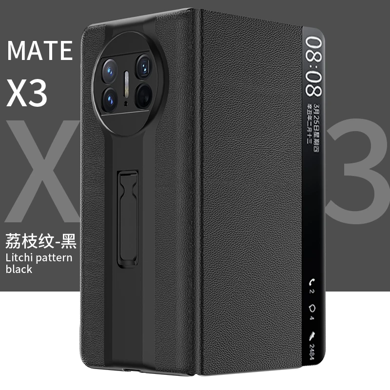 Funda de lujo con textura de lichi para Huawei Mate X3, soporte de ventana inteligente de cuero Premium, plegable, a prueba de golpes, carcasa trasera dura, accesorios