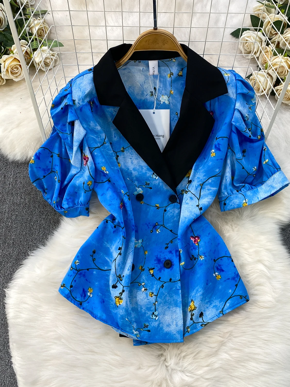 

Casual Sle Floral Print Blouse Women's Spring Autumn Bubble Sve irt Double Buttoned Leisure Faion Westem Sle Top