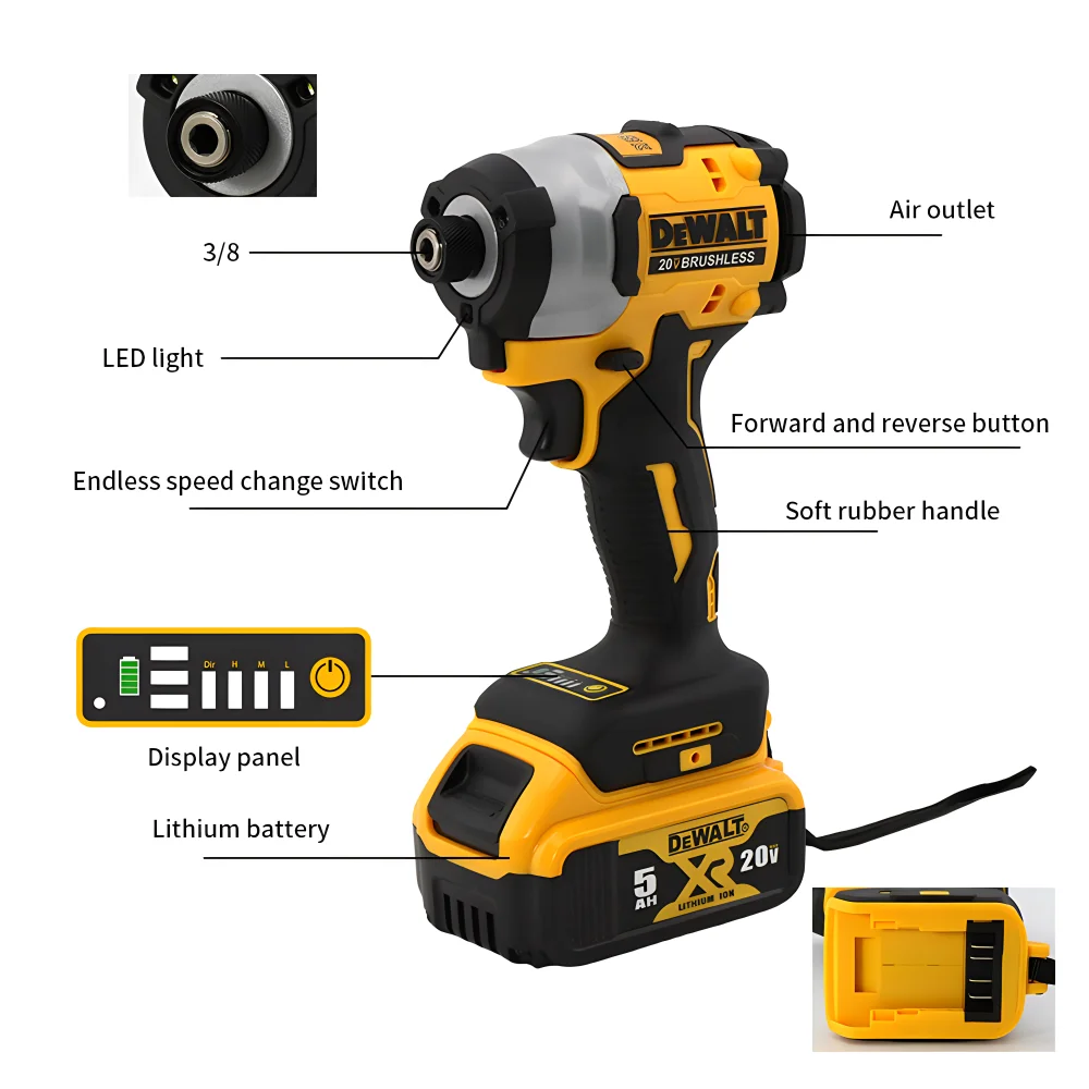 DEWALT DCF850 taladro de impacto eléctrico, Motor sin escobillas, destornillador recargable inalámbrico, herramientas de alto par, 20V, 205NM