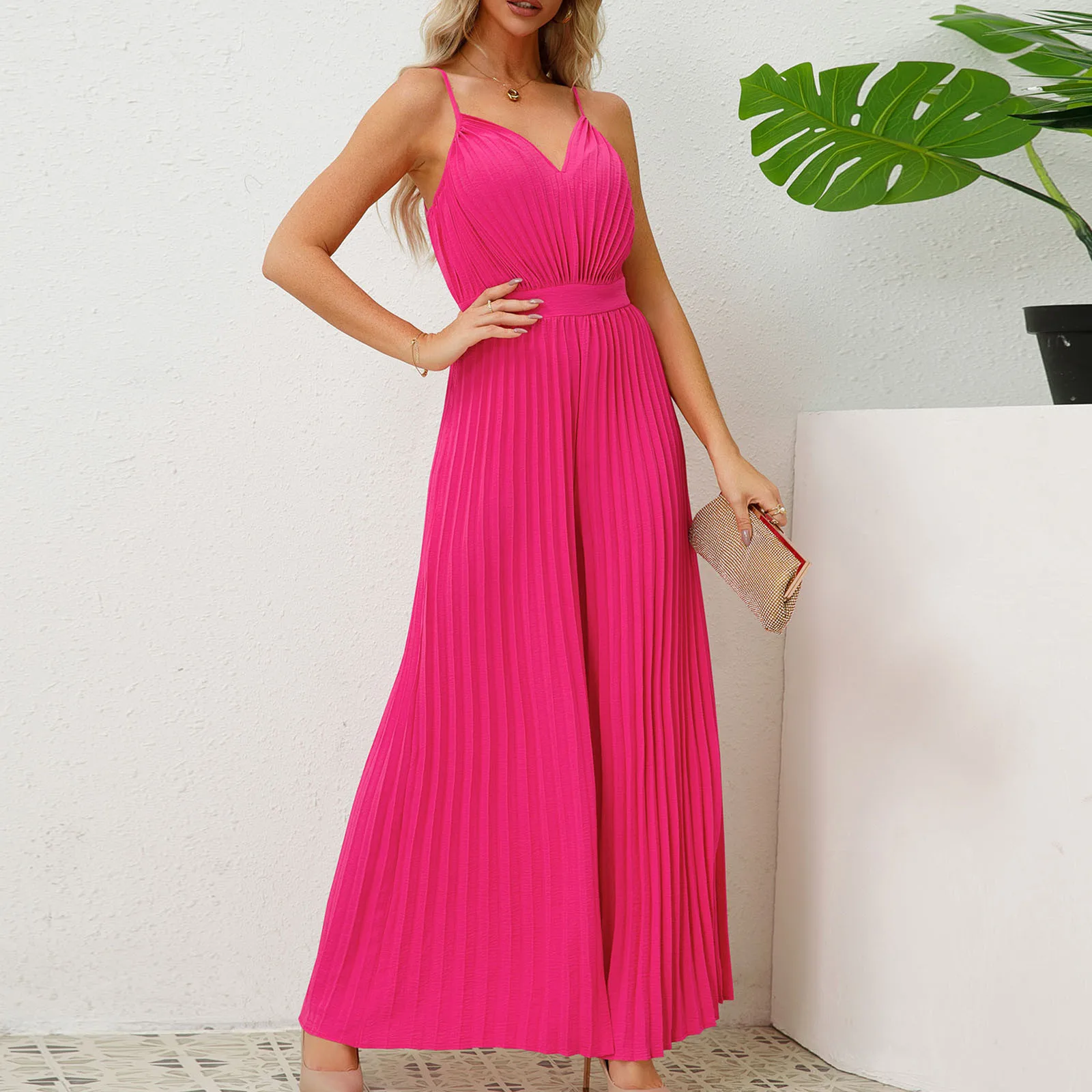 Fashion Elegant Jumpsuits Summer Solid Suspender V-Neck Jumpsuit Casual Versatile Pressure Pleated Loose Wide Leg Jumpsuits