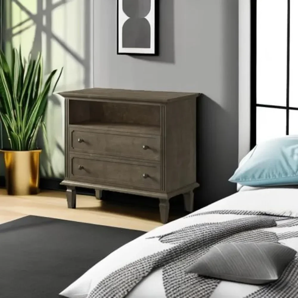 Nightstand with Charging Station, Farmhouse End Table with USB Ports and Outlets, Fluted Pilasters Design Side Table