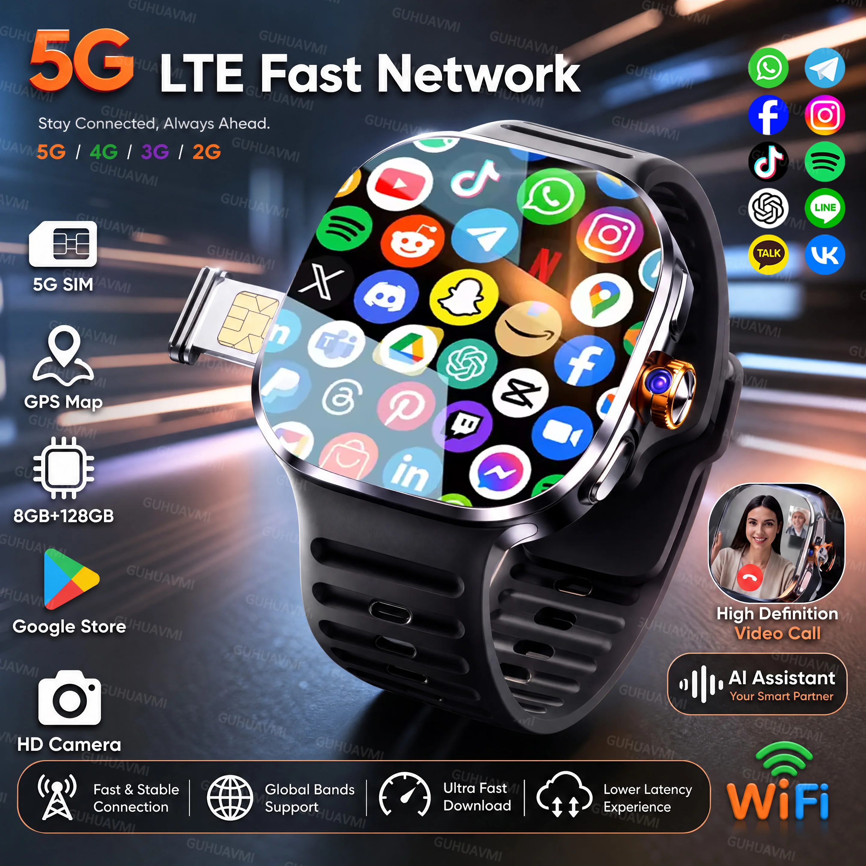 8GB+128GB RAM 5G/4G Android 9.0 SmartWatch 2.4-inch AMOLED 2100mah Battery 1000W Camera GPS WIFI Google APPS Download SmartWatch