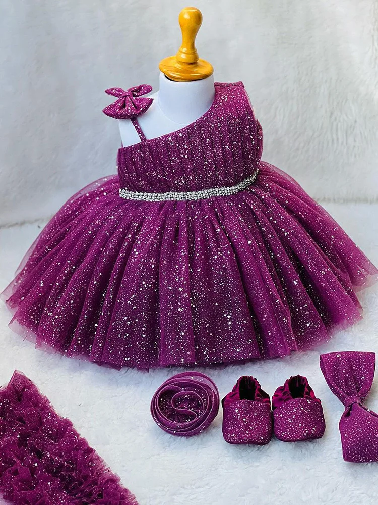 

Toddler Kids Big Bow Princess Dresses Violet Sequins Infant 1st Birthday Baptism Party Tutu Gown Cute Baby Girls Summer Dresses