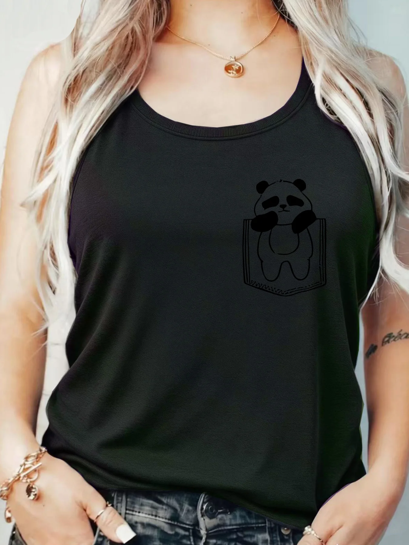 

Loose Fit Printed Pocket T-Shirt for Women with Ribbed Collar round Neck 1-8XL plus Size Comfortable Casual Vest