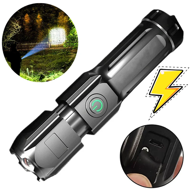 Portable HighPower LED Flashlight USB Rechargeable Zoom Camping Light Waterproof  Durable 3 Lighting Modes Long-range Flashlight