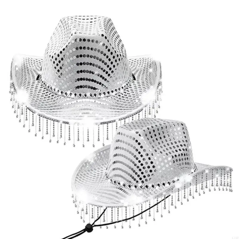 

K1ME Fringed Cowboy Hat with LED for Women Music Festival Light Up Cowgirl Hat Large Brims Bride Hat Wedding Hair Decors