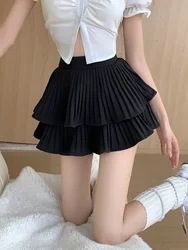 HOUZHOU Ruffles Skirt Shorts Women Summer Double Layered Patchwork High Waist School Pleated Mini Skirt Korean Style Casual