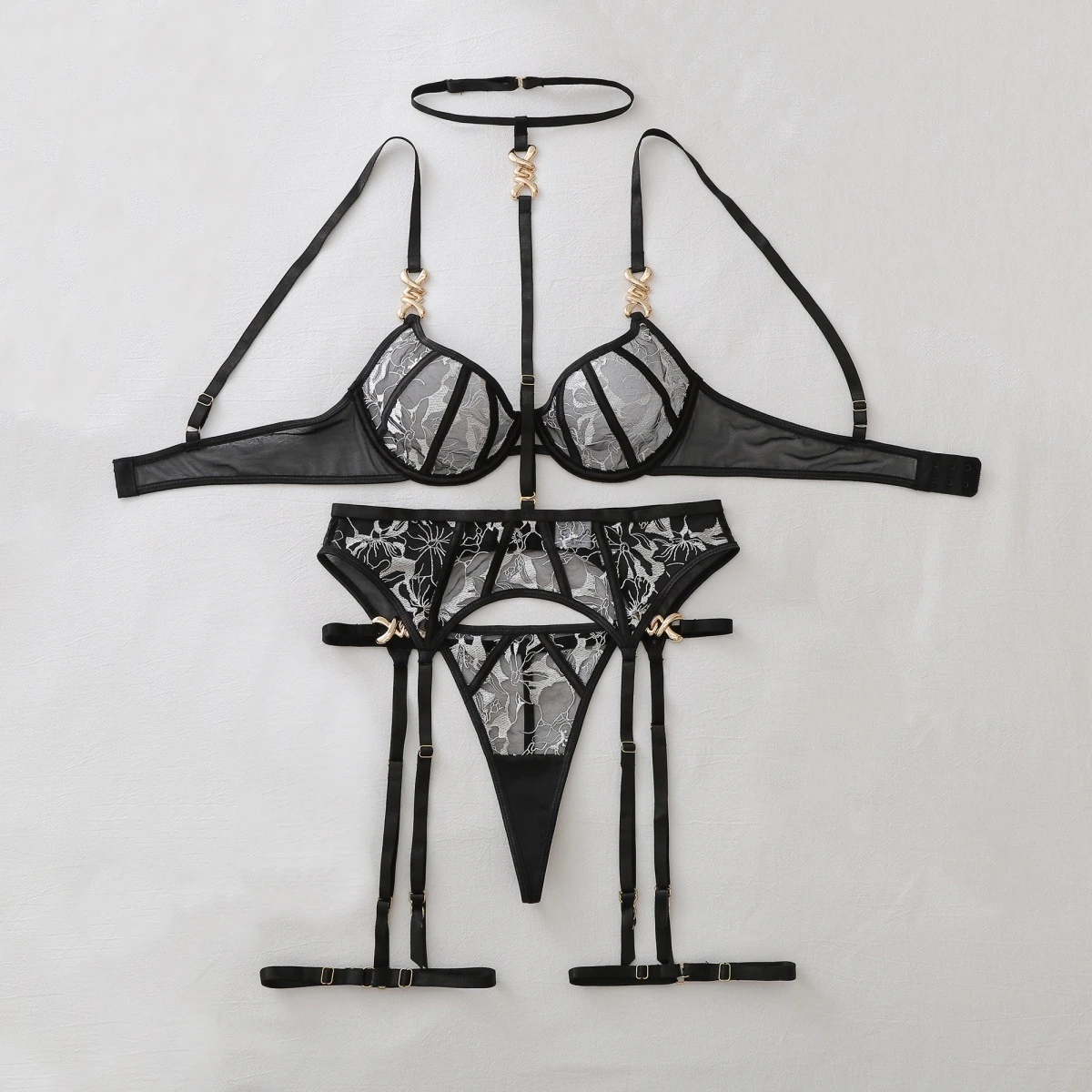 

INS Style 2026 Fashion Metal Decor Lingerie Women's Heavy Craftsmanship Flower Embroidery Body Shaping Sexy Underwear Split Set