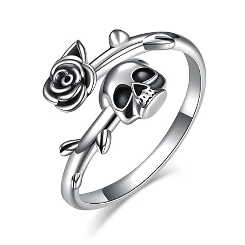 Personalized Fashion Design Silver Color Skull Rose Ring for Women New Gothic Retro Halloween Easter Trend Jewelry Gift