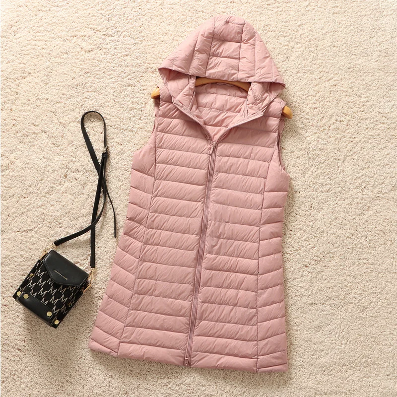 Autumn Winter Hooded Warm Parkas Women Bigsize Down Waistcoat Ultra Light White Duck Down Vest Coat Ladies Sleeveless Long Tank