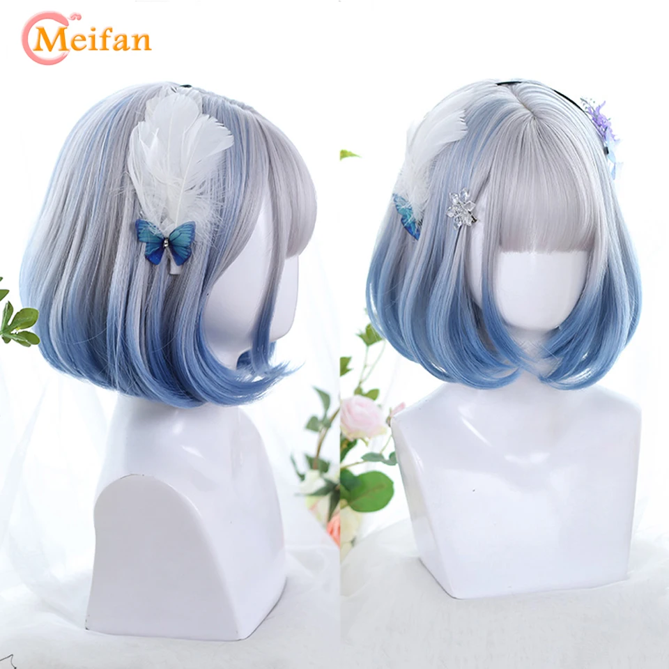 Meifan synthetisch grün schwarz lila mittellange Perücke gerade Lolita Perücken Cosplay Perücken hitze beständiges Haar Anime Party Haar