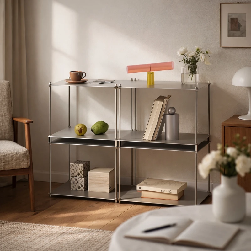 Modular Stainless Steel Bookcase Display Shelf Minimalist Stackable Storage Rack Bauhaus Style Organizer for Living Room