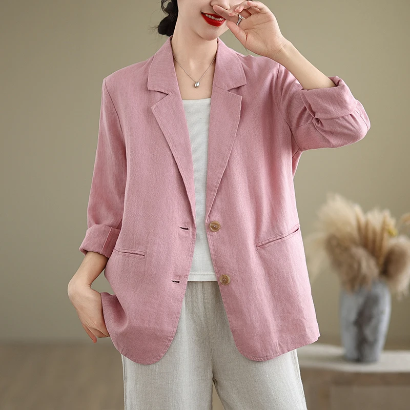 Chaqueta de traje de lino Retro para mujer, ropa de abrigo informal de Color sólido, cárdigan abierto, Top versátil de estilo...