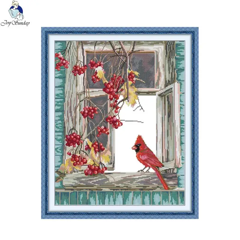 Joy Sunday Animal Series Cross Stitch Kits Bird on the Windowsill Home Decor Painting Embroidery Set DMC Printed Canvas