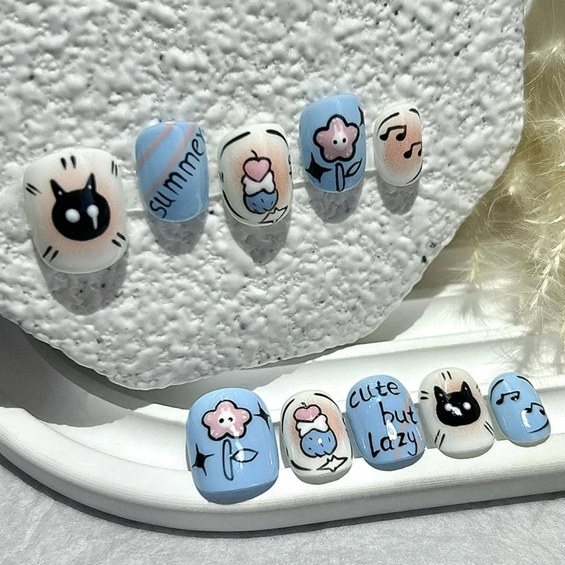 10 peças pintadas graffiti arte imprensa em unhas artesanal azul blush gatinho flores bonito curto usar unhas falsas