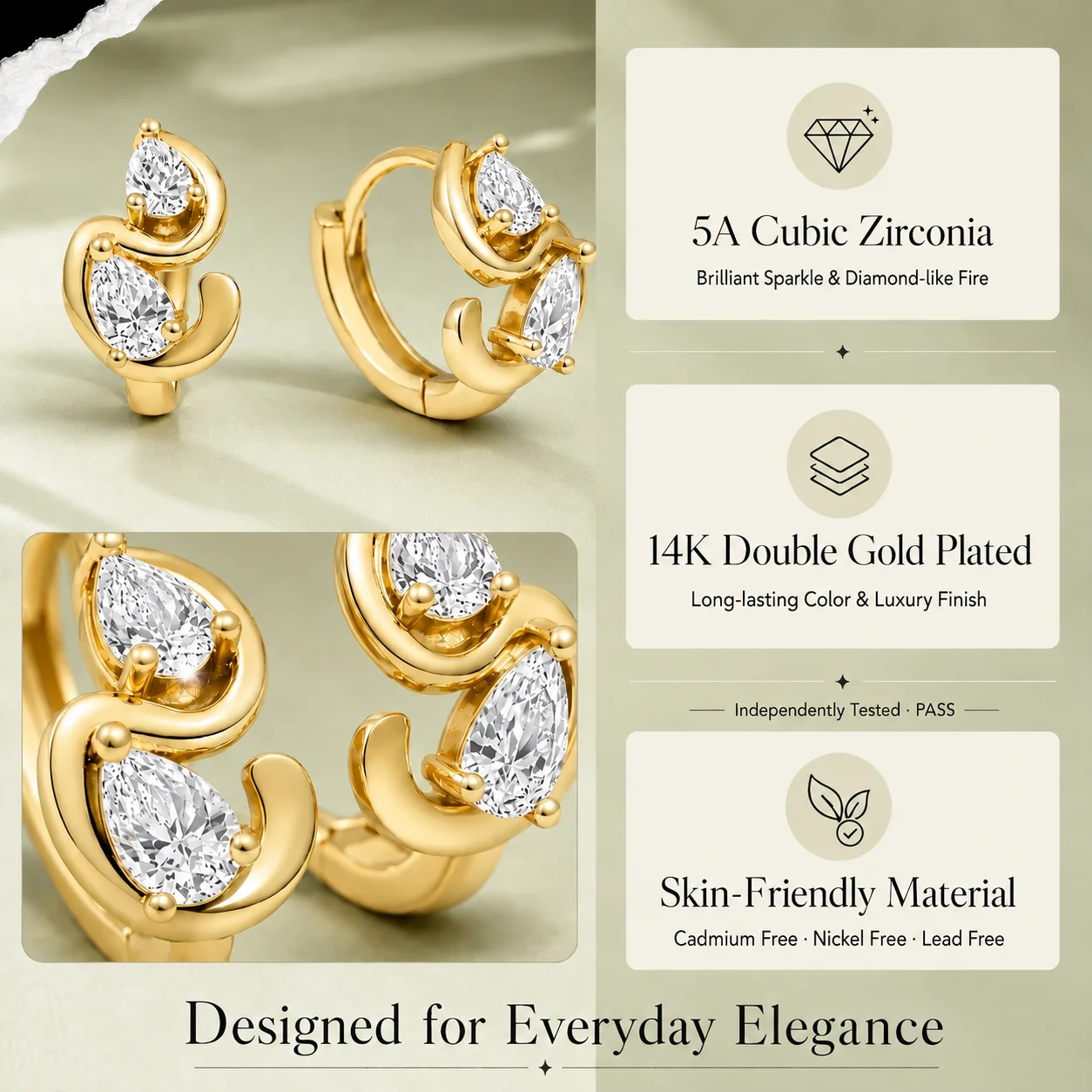 Moonmory Minimalistische Luxus-Ohrringe aus Messing mit gedrehter Birnenform für Damen, 14 Karat Gold, doppelt vergoldet, Marquise-Kontur-Tropfen-Huggie-Ohrringe – Detail 15