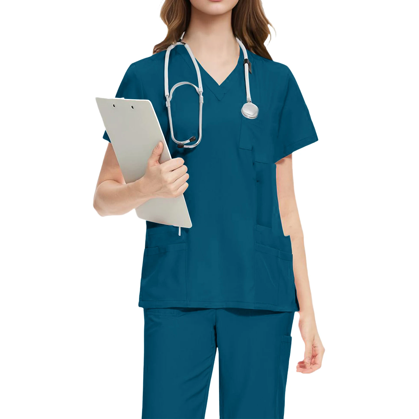 Women's Nurse Scrub Set V-Neck Short Sleeve Multi-Color Multi-Pocket Straight Pants Medical Uniform Healthcare Workwear