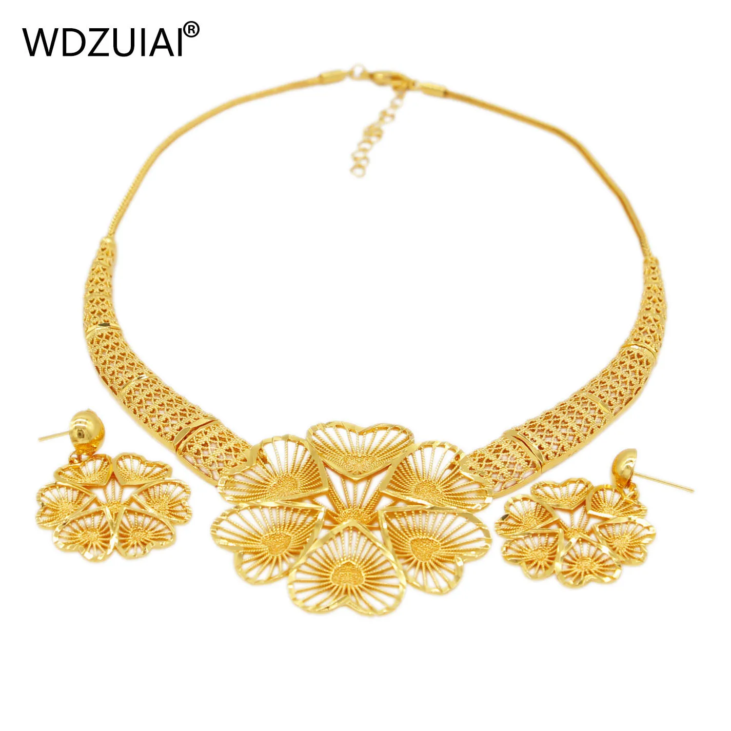 WDZUIAI Six Hearts Shape Necklace/Earrings Sets Gold Color for Women Girls Trendy Jewelry African Ethiopian Arab Wedding Jewelry