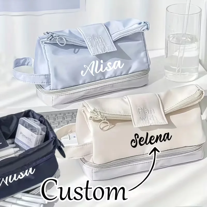 1pc Personalized Customized Name and Date 3D Foldable Double-Layer Pencil Case Large Capacity Japanese Style Simple Pencil Box Student Storage Bag Stationery Bag