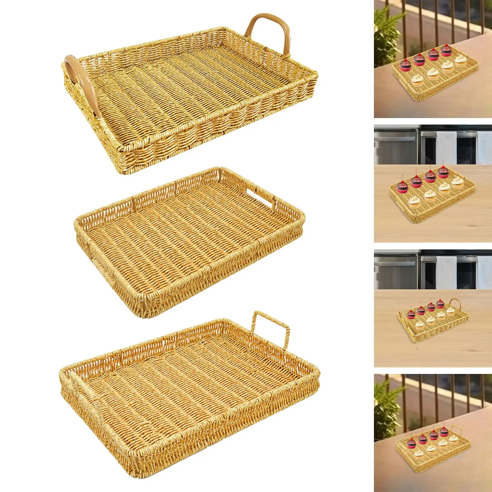 Woven Basket Food Decorative Tray Rectangular Serving Tray Decorative Ottoman Platter for Coffee Table Drinks Vegetables Home