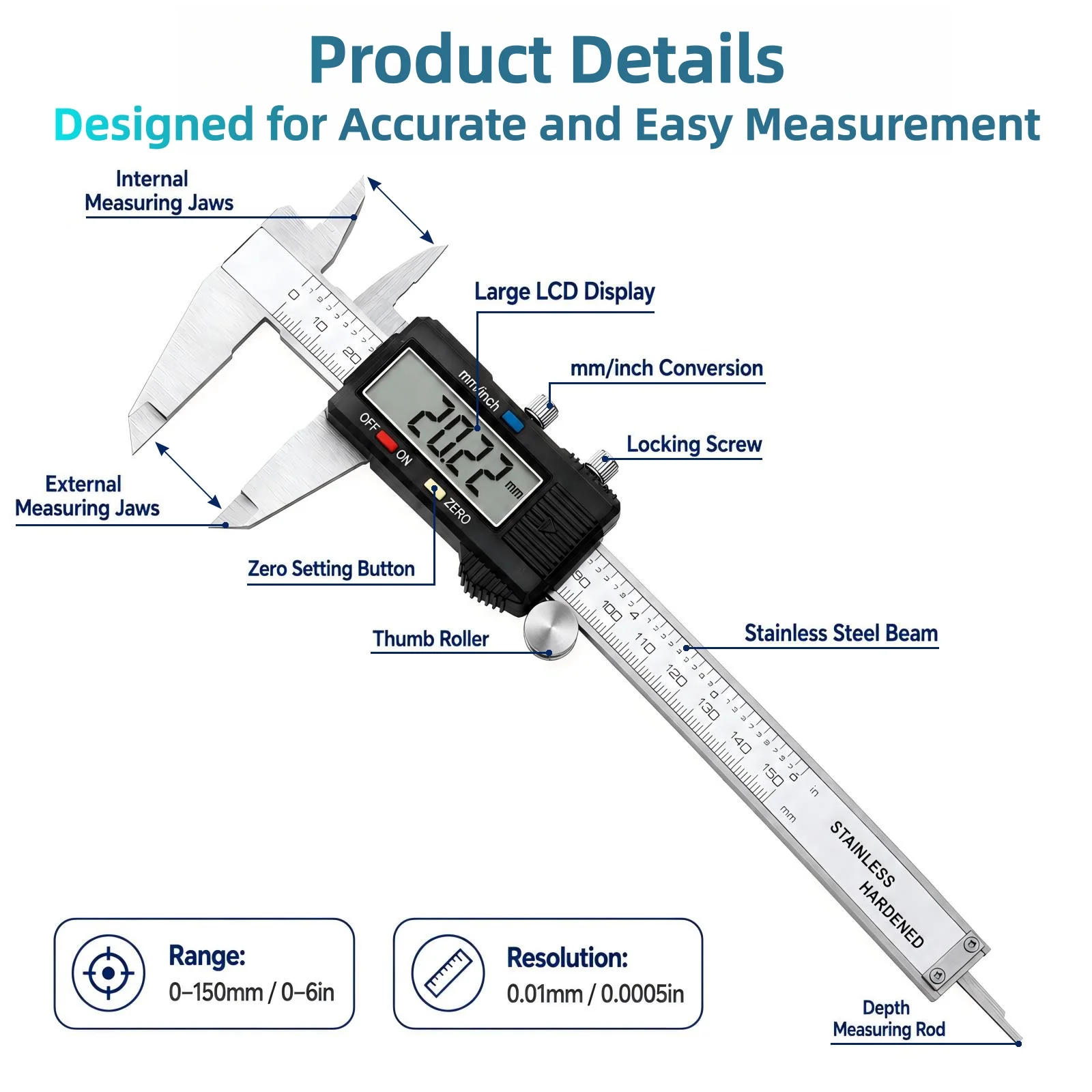 PHYHOO 6inch 150mm Stainless Steel Digital Vernier Caliper Messschieber Paquimetro Jewelry Making Measuring Tool Ruler