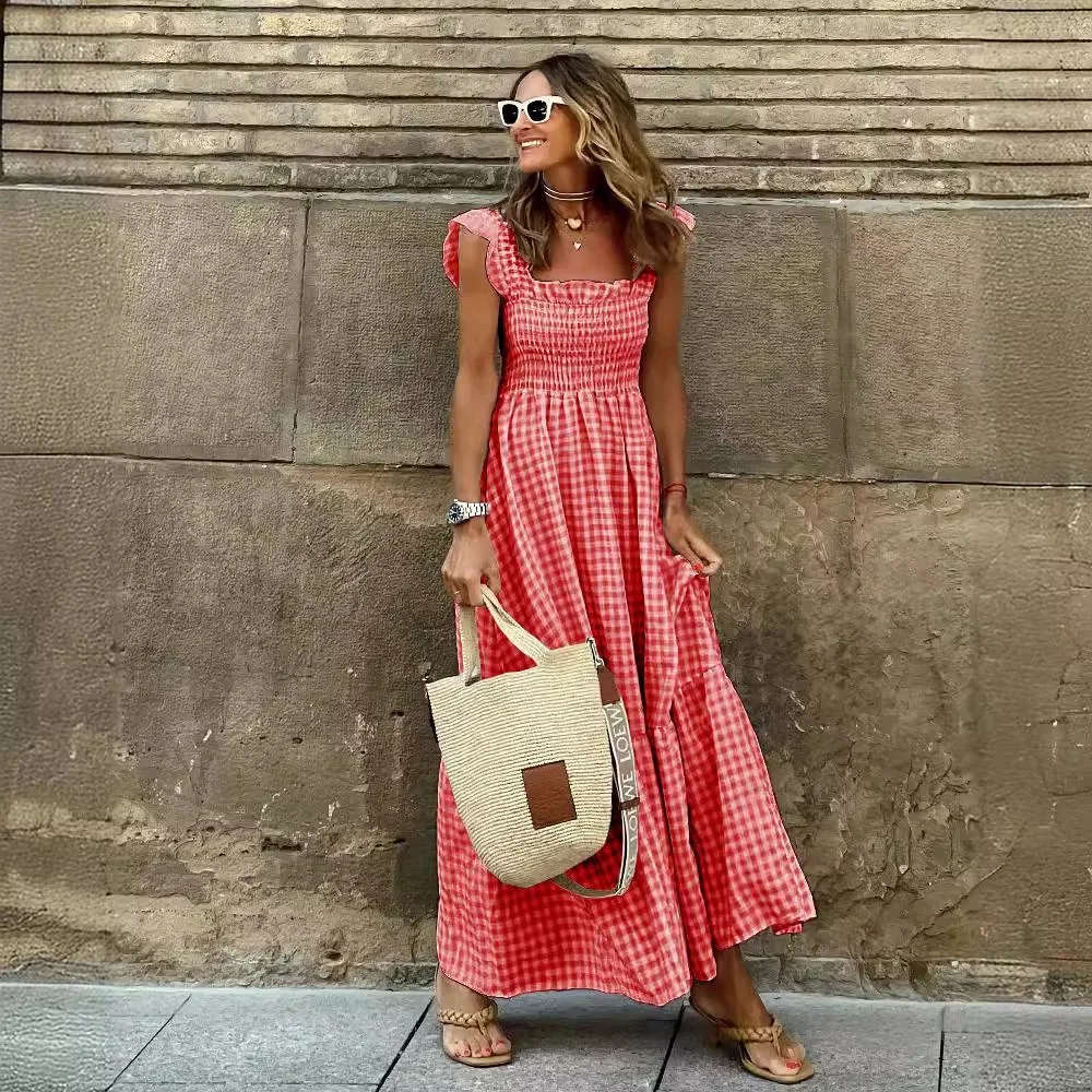 Vestido de tirantes con volantes para mujer, traje holgado de cintura alta elástica, sin mangas, plisado, para fiesta