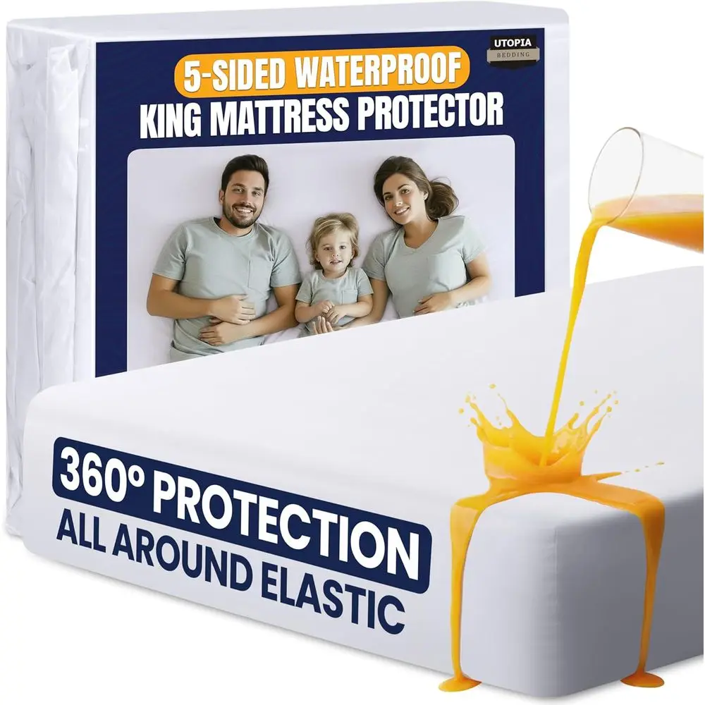 5-Sided King Size Breathable Mattress Protector with Stretchable Skirts in White