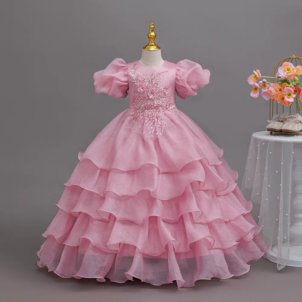 Elegant Flower Girl Dresses for Weddings Kids Party Layered Ball Gown Puff Sleeve Mesh Children's Formal Prom 4-12Y