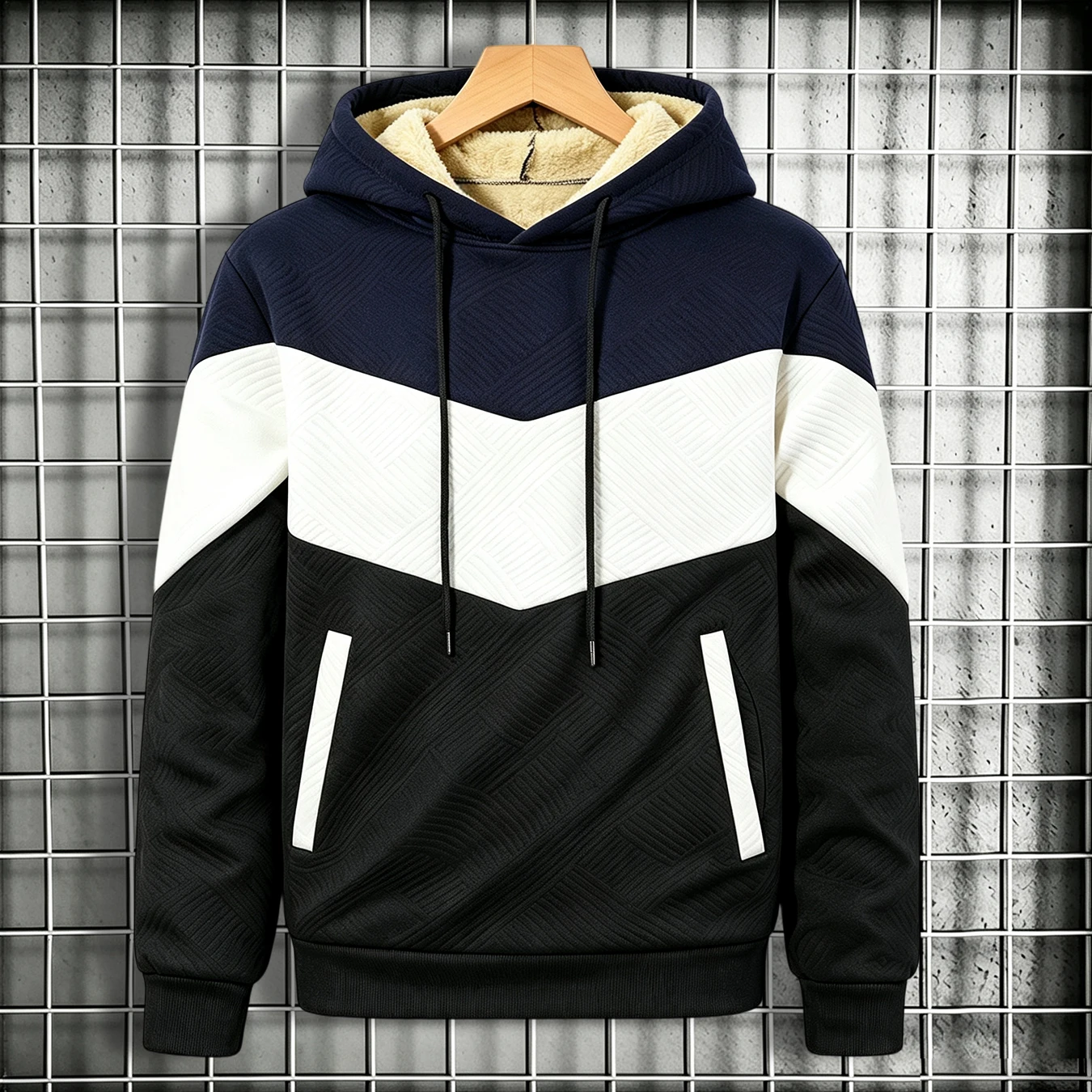 Mens Daily Streetwear Pullover Hoodie Embossed Contrast Splicing Warm Lined Hood Long Sleeve Drawstring Sweatshirt