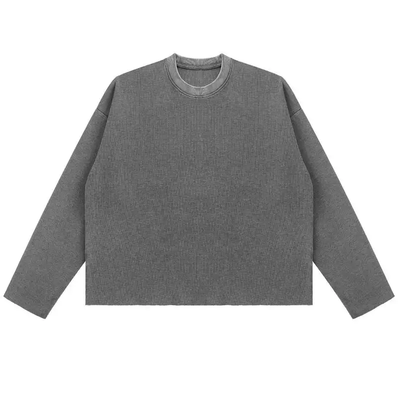 Waffle Heavy 340G Knit Vintage Long Sleeve Tee For Men Snow Fade Cut Raw Hem Crew Neck Relaxed Casual T-shirt NE58