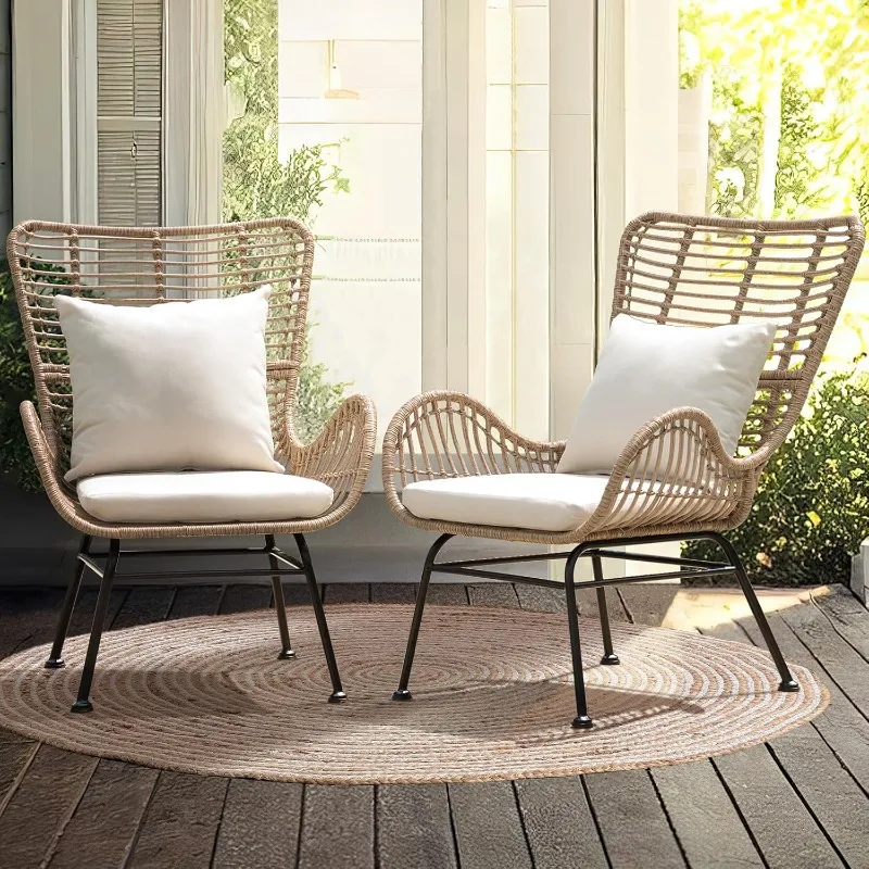 Rattan Chair Outdoor Set of 2  500 Lbs Outdoor Patio Chairs with Waterproof Cushions  Bohemian Style Beige Outdoor Furniture