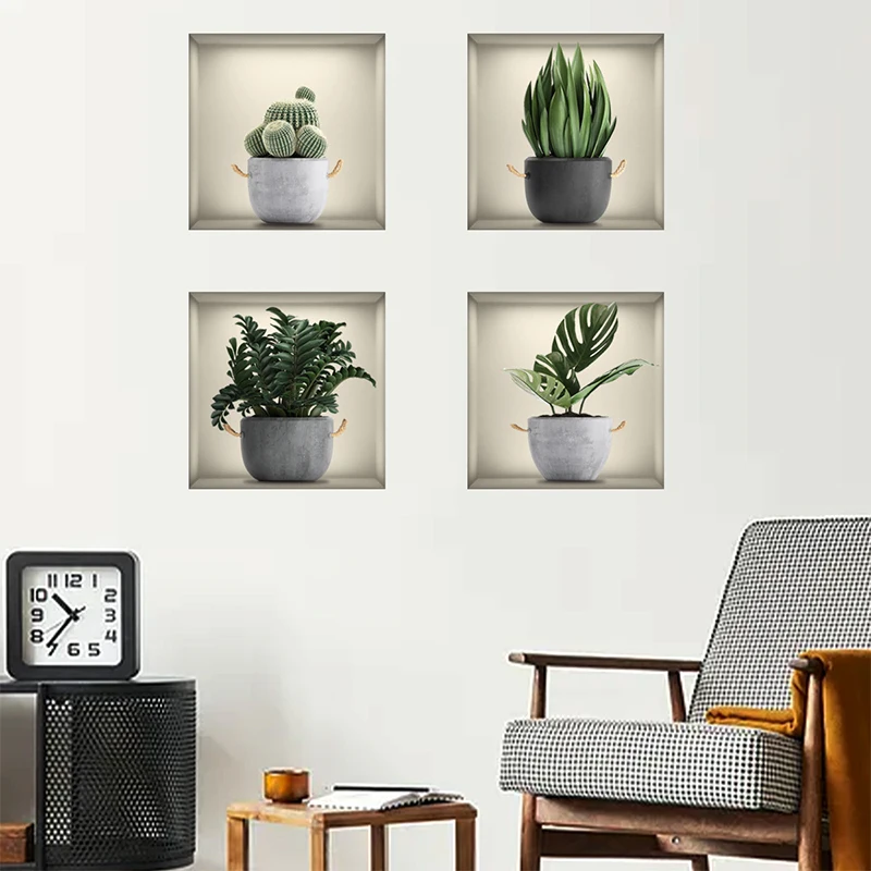 4Pcs Self-adhesive Wall Sticker Creative False Window Green Plant Potted Wallpaper Living Room Bedroom Decorative Wall Sticker