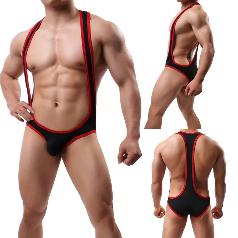 Gay Men Jockstrap Underwear Bodysuit Sexy Ice Silk Suspender Bodywear Wrestling Singlet Leotard Jumpsuit Sexy Teddies Undershirt