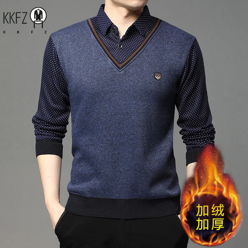 Fall Winter Collared Knit Sweater For Men Fake Vest Design Soft Stretch Fabric Full Fleece Lined Long Sleeve Base Shirt