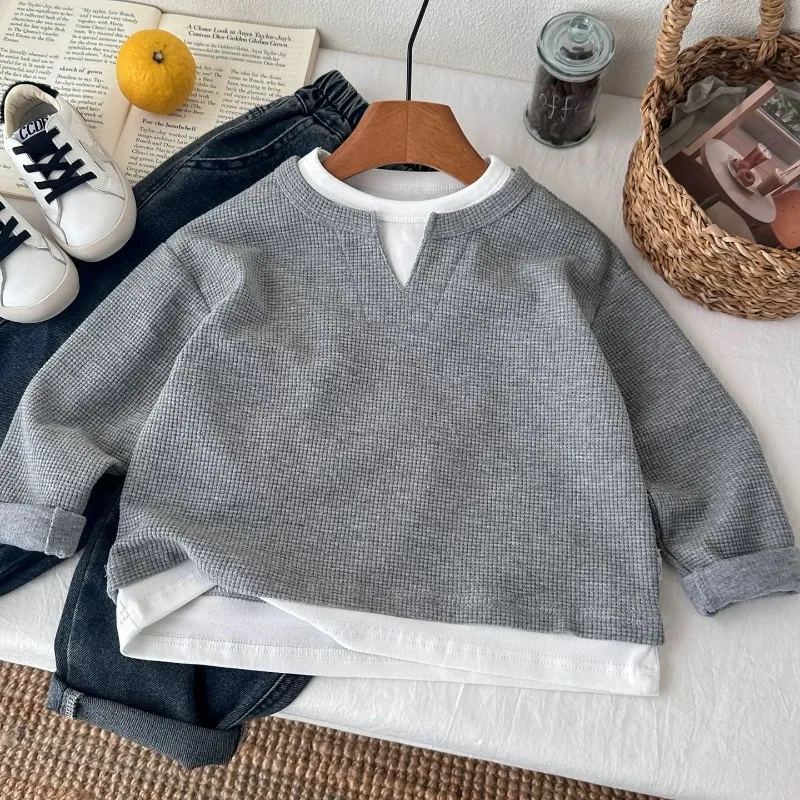 Children Boys Sweatshirt RAISE YOUNG Autumn 2026 Infant Babys Boys Pullovers Casual 1-10Yrs Kids Boys Waffle Fake Two Piece Tops view 4