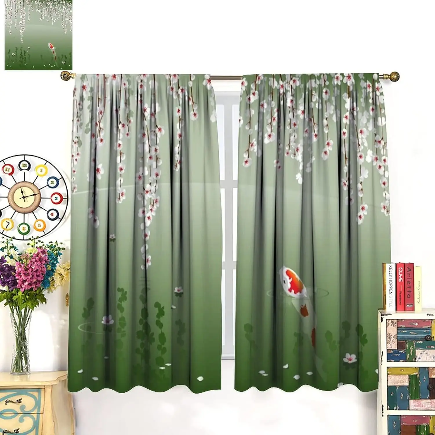 Koi Curtain Japanese Koi Lake Reflection Hanging Cherry Blossom Floating Leaf Pattern Printed Curtain Kitchen Decor Curtain
