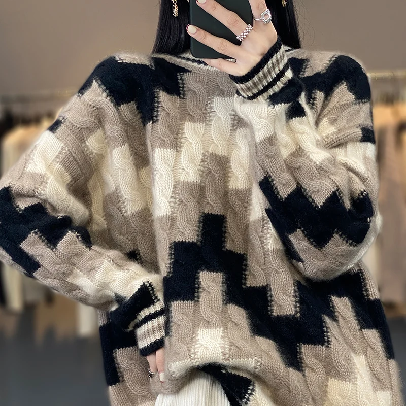 100% Pure Cashmere Women's Half Turtleneck Pullover Rabbit Jacquard Thickened Autumn/winter Age-reducing Woolen Sweater